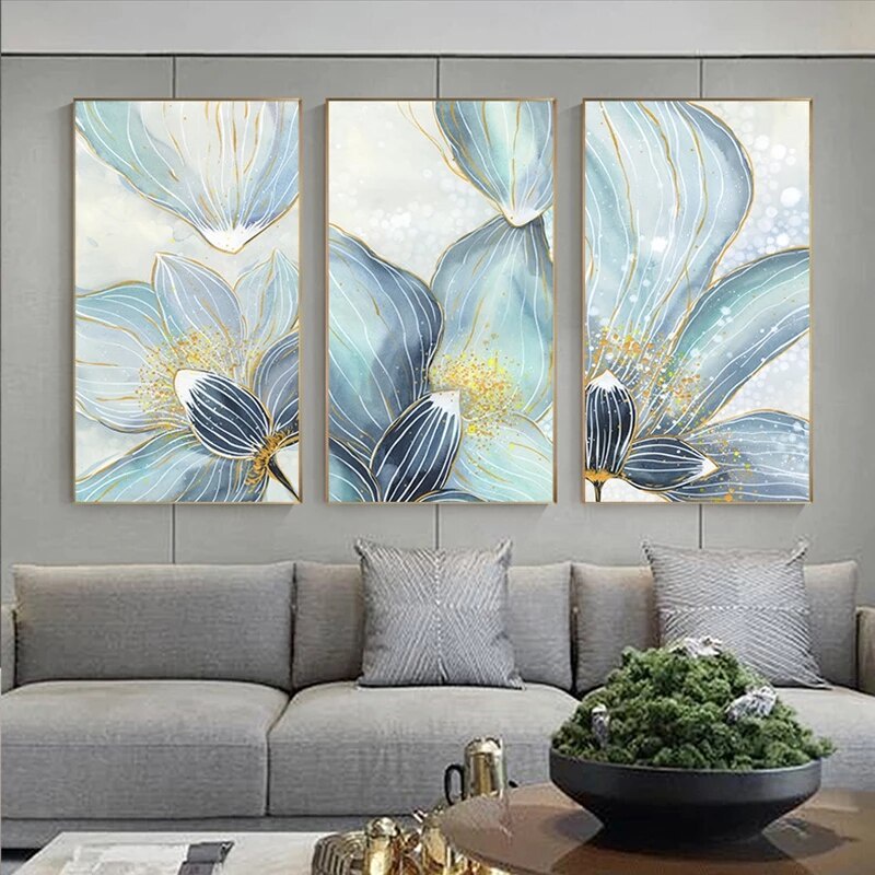 Luxury Blossom Flower Wall Art Canvas Poster Golden Wall Pictures Lotus 