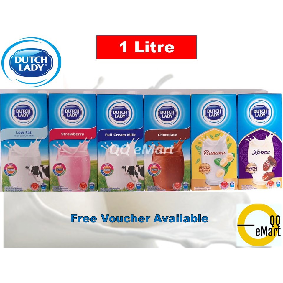 Dutch Lady Milk Uht 1 Litre 1l Full Cream Low Fat Chocolate Strawberry Banana Kurma Susu