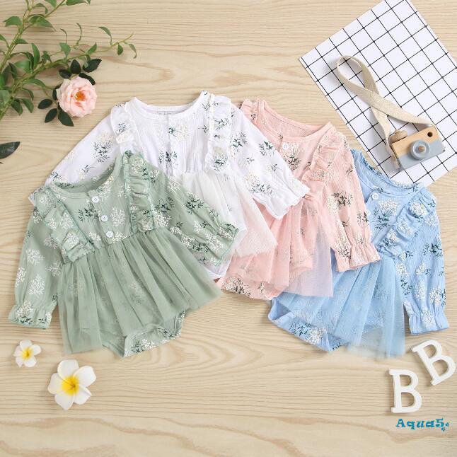 AQQ-Baby Girls Romper Long Sleeve Floral Casual Daily Princess Gauze Dress 0-18 Months