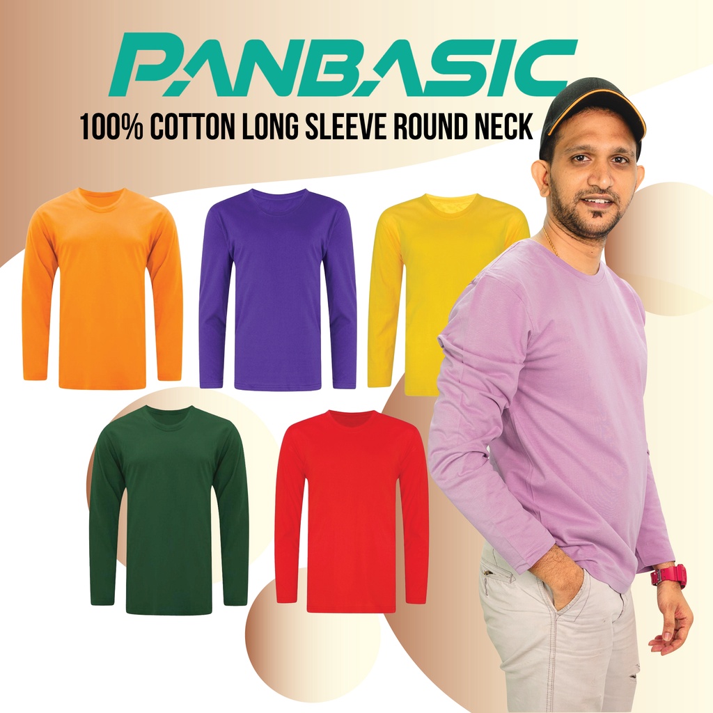 PANBASIC Plain 100% Cotton Long Sleeve Round Neck T-shirt Red/Yellow/Orange/Lavender/Purple/Bottle Green