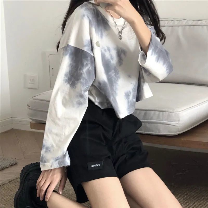 【?夏季热卖/?辣妹短上衣?】扎染t恤女新款夏季韩版宽松长袖露脐短款初秋上衣女泫雅设计感ins扎染t恤女新款夏季韩版宽松长袖露脐短款初秋上衣女泫雅设计感ins依人坊女装旗舰店❤️12.1