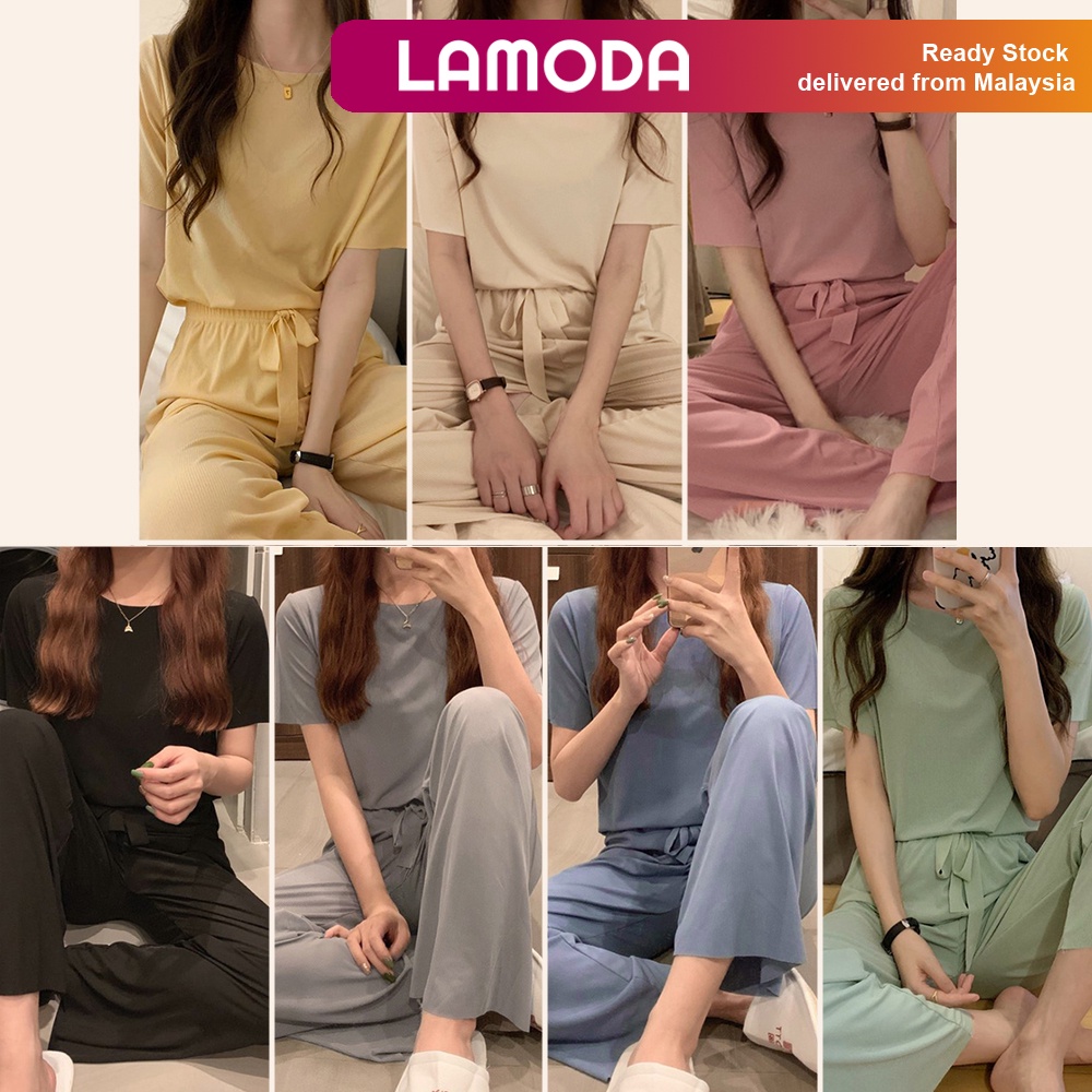 [FREE SIZE][Lamoda]KIMI short sleeve pyjamas baju tidur perempuan sutera ais Pajamas rumah sutera musim panas dua helai