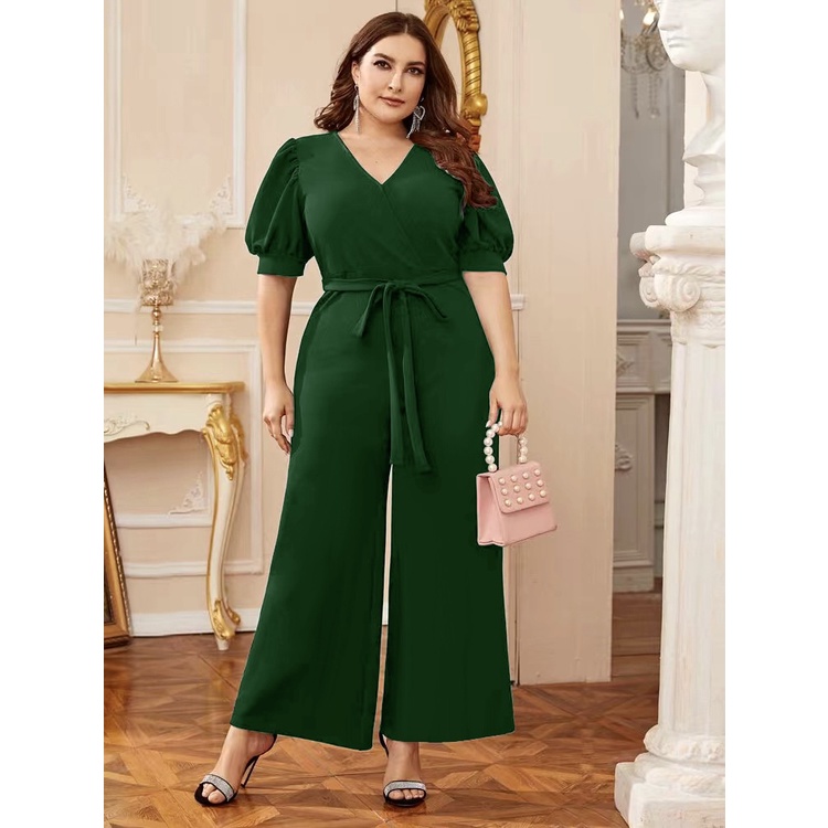 A2750 Uyua V-neck Puff Sleeve Self Belt Solid Plus Size Jumpsuit Jumpsuit Plus Size