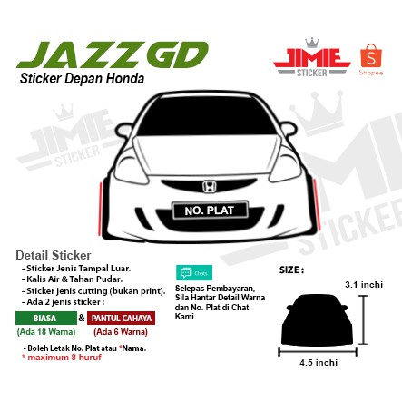 Sticker Kereta, Sticker Depan Honda Jazz GD Custom Warna dan No 