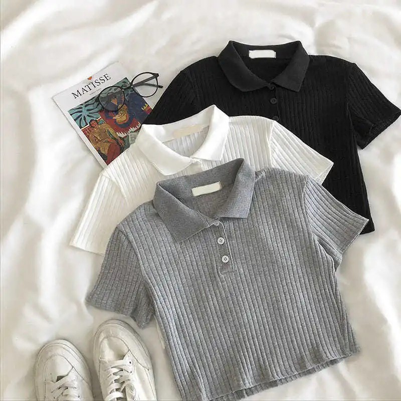 2022 New Women Tshirt Crop Top harajuku vintage tops dropshipping tees kpop aesthetic korean style Short Sleeve Solid POLO kawaii clothes