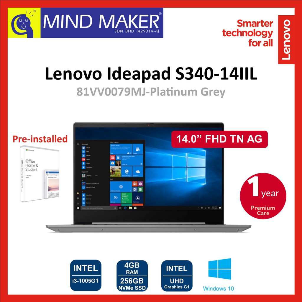 Lenovo Ideapad S340 14iil 81vv0079mj Platinum Grey 14 Fhd Laptop Intel I3 1005g1 4gb 256gb Ssd Office Shopee Malaysia