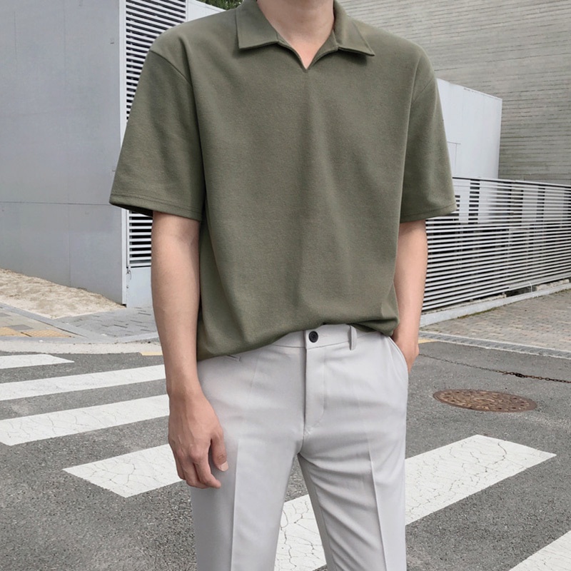 Lapel Korean T Shirt Men Fashion Mature Style Short Sleeve Casual Shirt