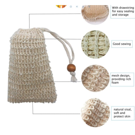 1Pc Handmade Sisal Soap Bags Natural Exfoliating Soap Bags Foaming Net Belt Tighten Wooden Beads