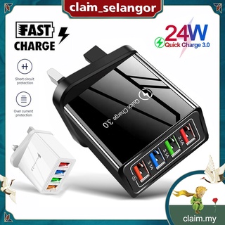 ✨✨[Selangor Stock]QC3.0 Fast Charging Adapter 4 Port USB Quick Charger Adapter Travel Phone Charger UK Plug Universal