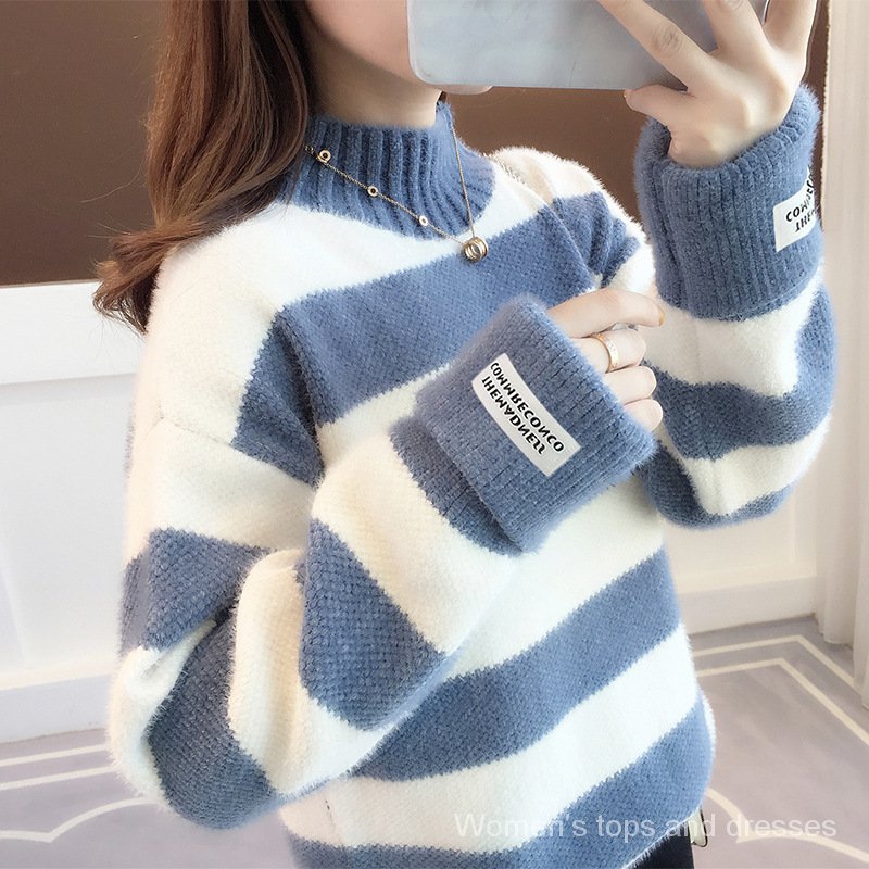 Sweater Women Turtleneck Pullover Jumper Stripe Thick Sweater Imitated Mink Wool Sweater Sweter Women Clothes Vestidos LXJ9005 z4Hr