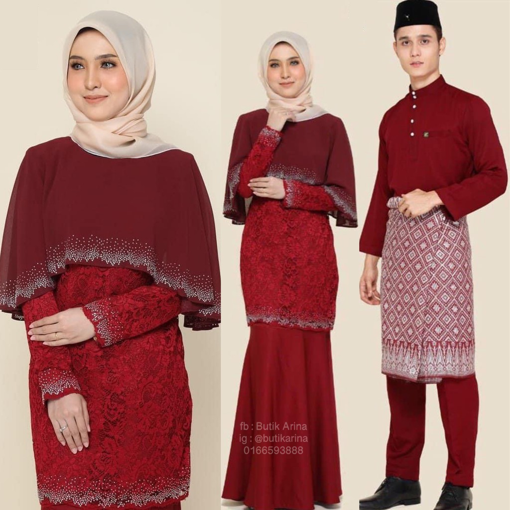 Baju Kurung Moden Nikah Sanding Maroon Merah Hati Merah Gelap Couple Set Sedondon Mawar Shopee Malaysia