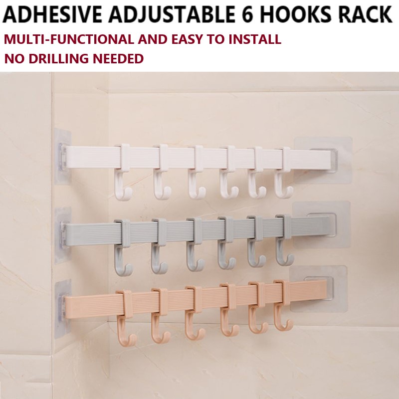 [Ready Stock] Self Adhesive Adjustable MultiFunctional 6 Hooks Wall
