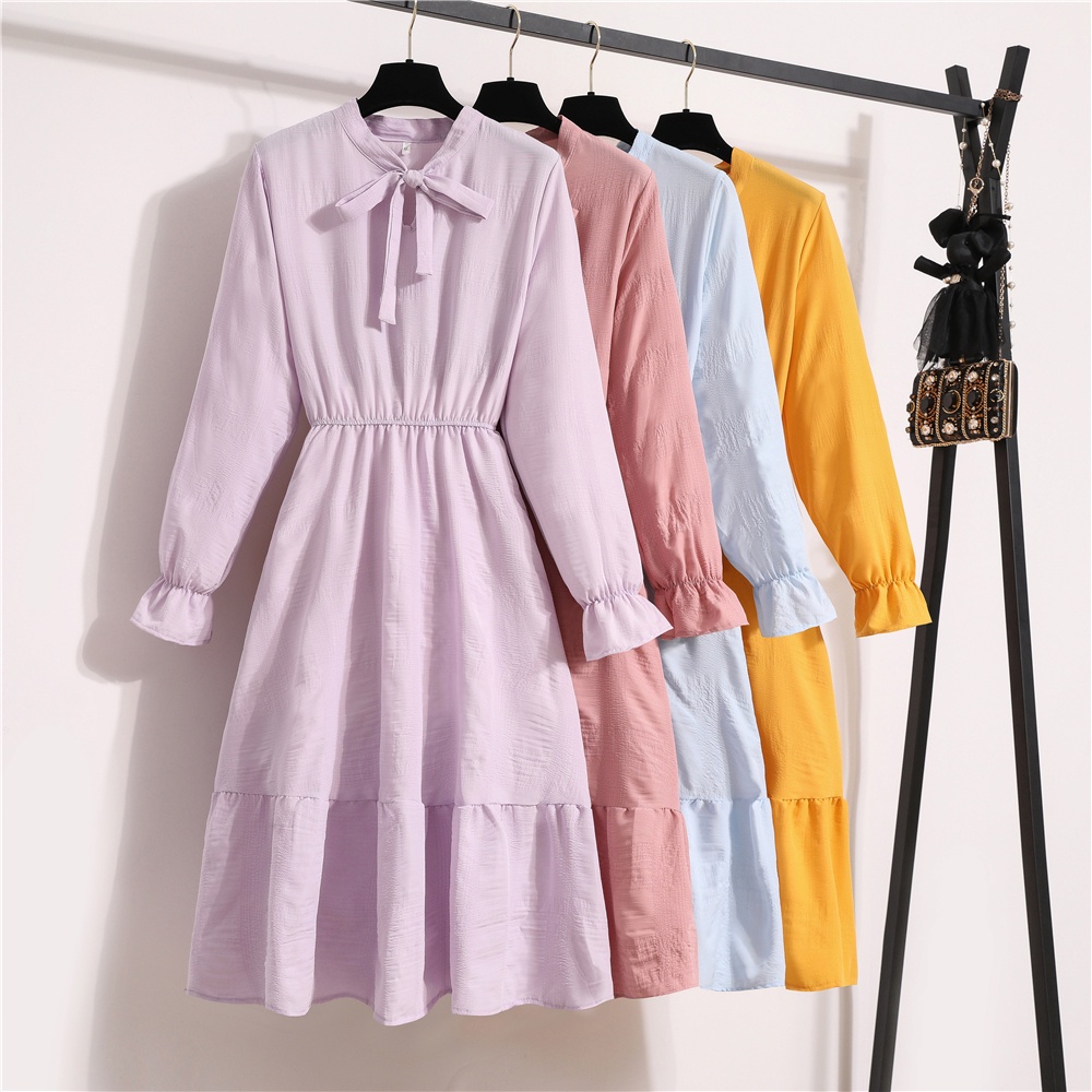 Women Long Sleeve Chiffon Dresses Solid Bow Neck Elastic Waist Female Flare Sleeve A-Line Dress