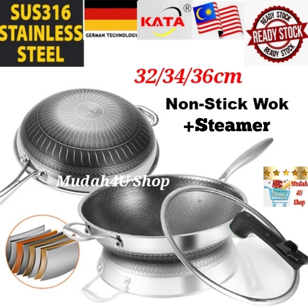 SUS316 Stainless Steel Pan NonStick Wok With Lid (32/34/36cm