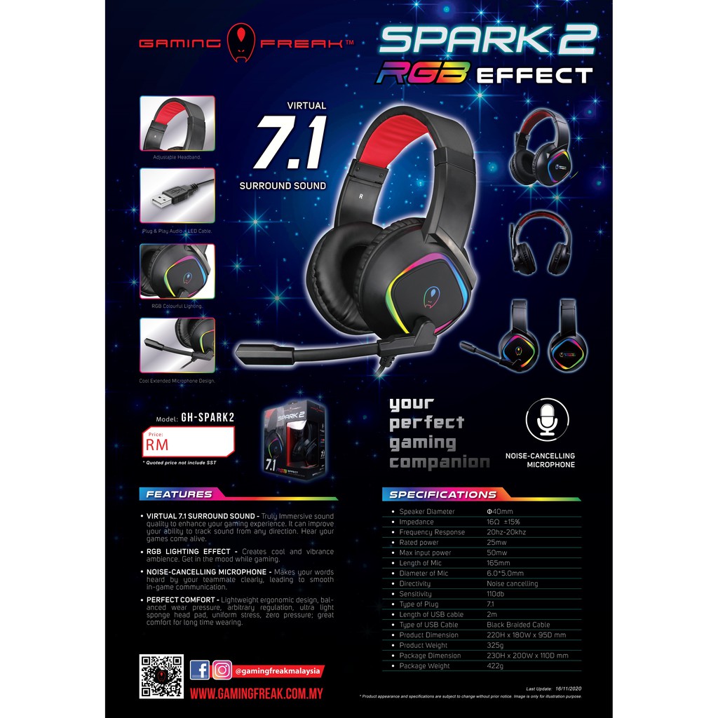 GAMING FREAK SPARK 2 RGB 7.1 VIRTUAL GAMING HEADSET USB CONNECTION