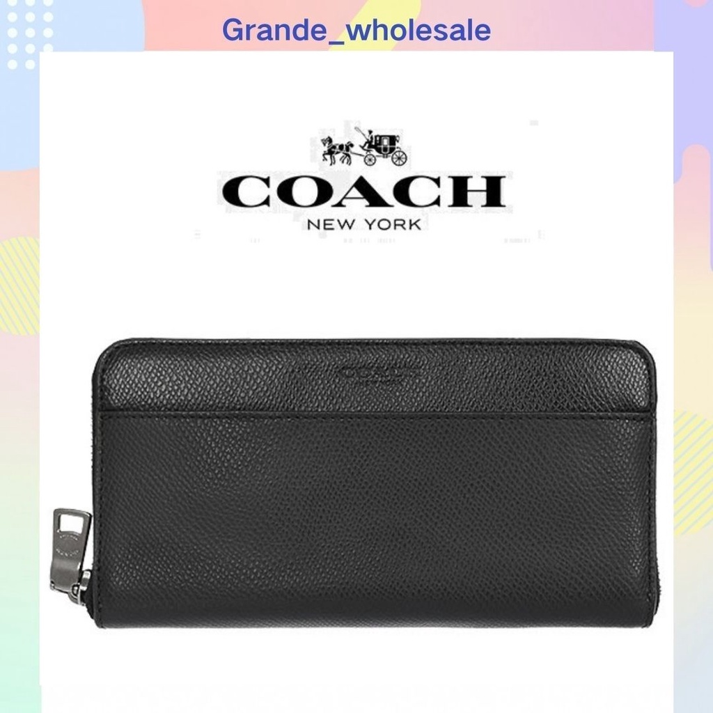 Coach Men Black Accordian Crossgrain Leather Zip Around Wallet F74977