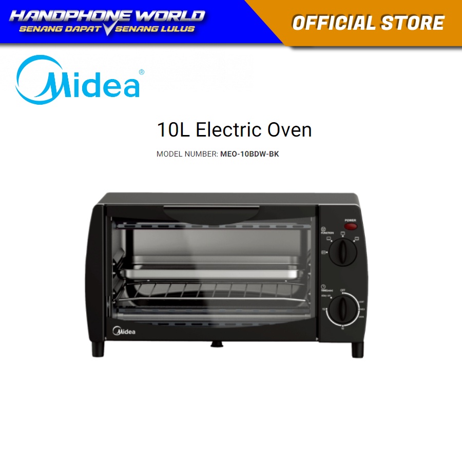 Midea Electric Oven MEO-10BDW-BK | 10L | 1000W | 15-min Timer Bell Ring | 2 Quartz Heating Elements | 2 Rack Location