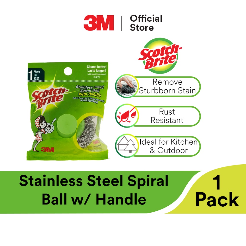 3M Scotch Brite Stainless Steel Metallic Durable Spiral Ball w/ Handle