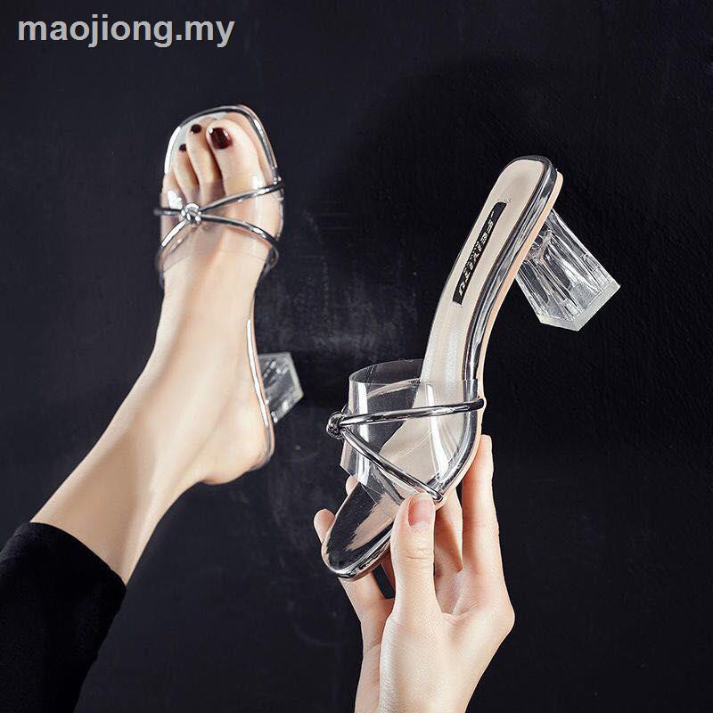 ☎♧Sandals Women Fashion Midle-heeled Cool Transparent Crystal Bottom Shoes