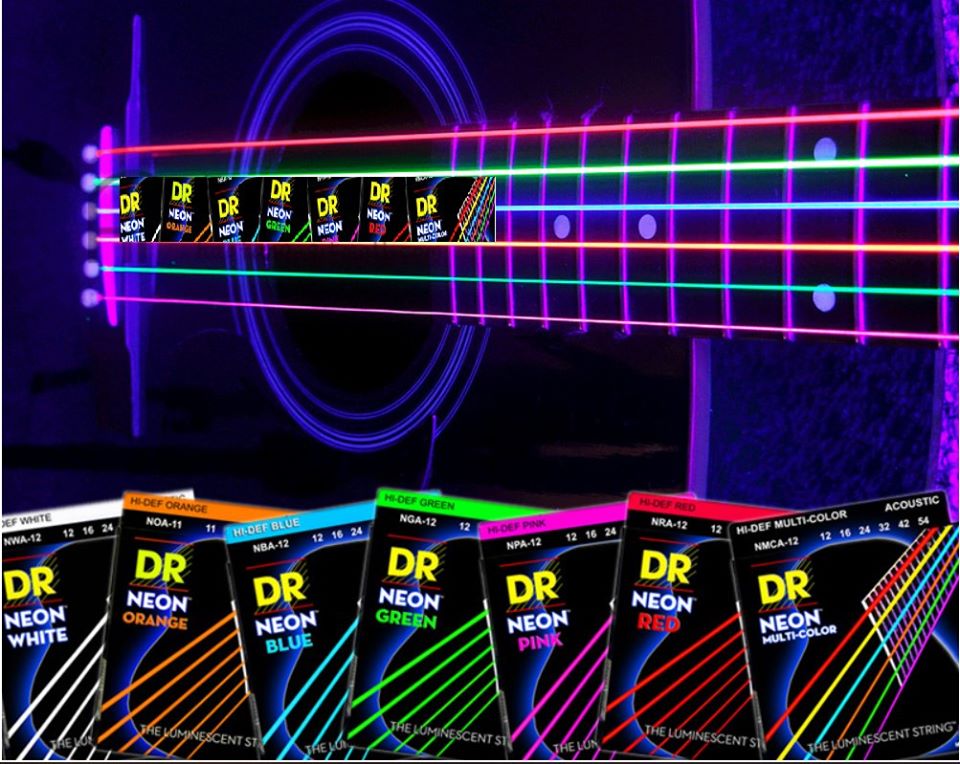 DR Strings NUSAA-12 Coated Phosphor Bronze Acoustic Guitar Strings 12-54 Neon Red/White/Blue Light 