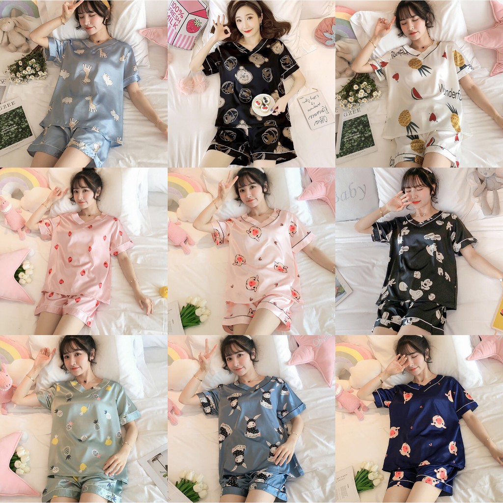 Hotexy Female Comfort Women Pajamas Satin Silk Short Sleeve Sleepwear V Neck Cartoon Pajama Set Female Sleepwear 冰絲睡衣 pijamas women short pants women