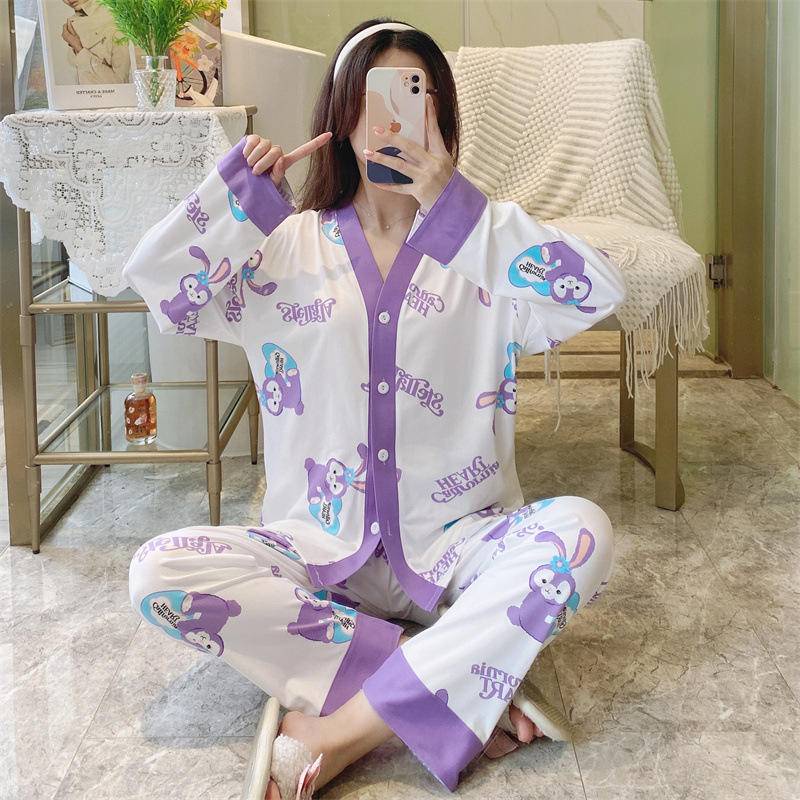 Stella lou pajamas women's long sleeve trousers loungewear suit open button imitation cotton girls pajamas