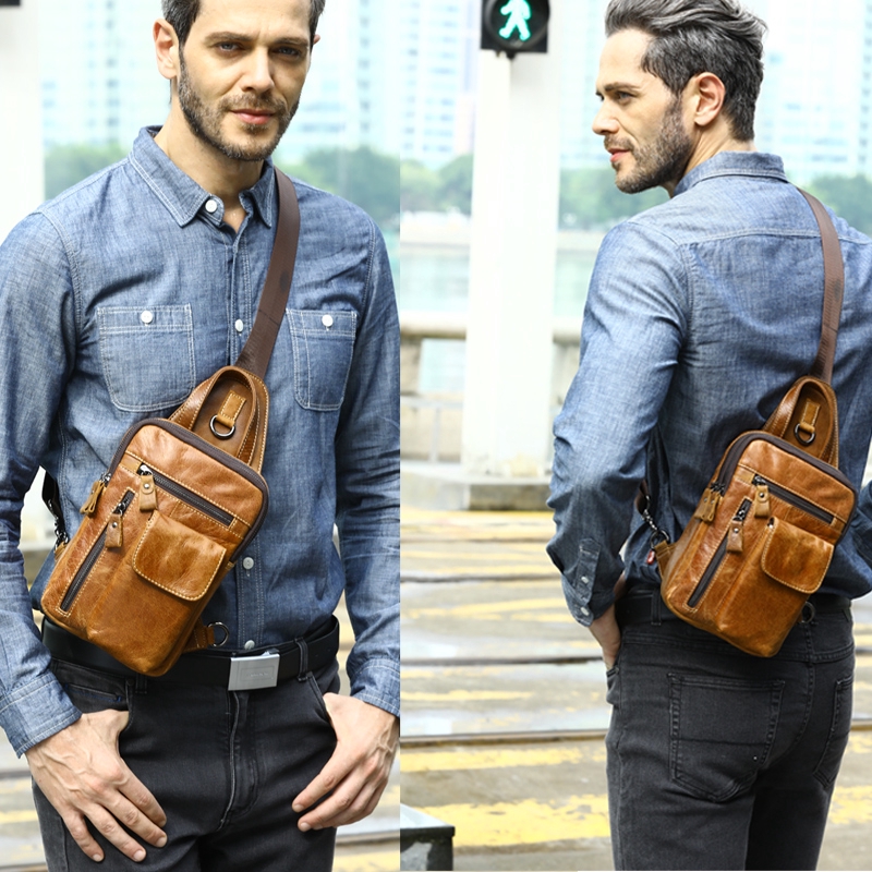 man with leather bag