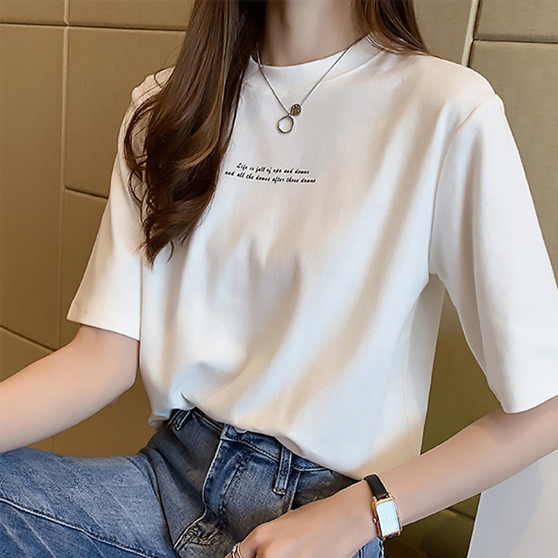 ?READY STOCK?Women's Korean version all-match short-sleeved T-shirt women's round collar loose lettered printed school top