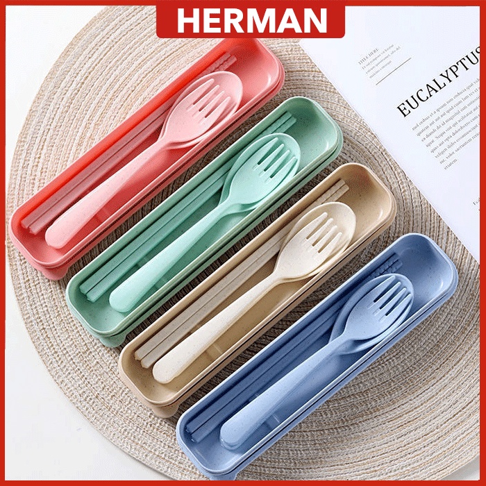 3PCS Set Wheat Cutlery Eco-friendly Reusable Dinner Tableware Kit Box Chopsticks Spoon Fork Portable Utensils Outdoor