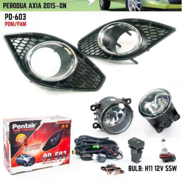 Perodua Axia 14-15 Fog Lamp With Chromed (1set wire ring 