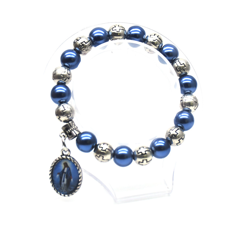 Our Lady of the Cross Bracelet Royal Blue Pearl Cross Beaded Bracelet Religious Jewelry Bracelet