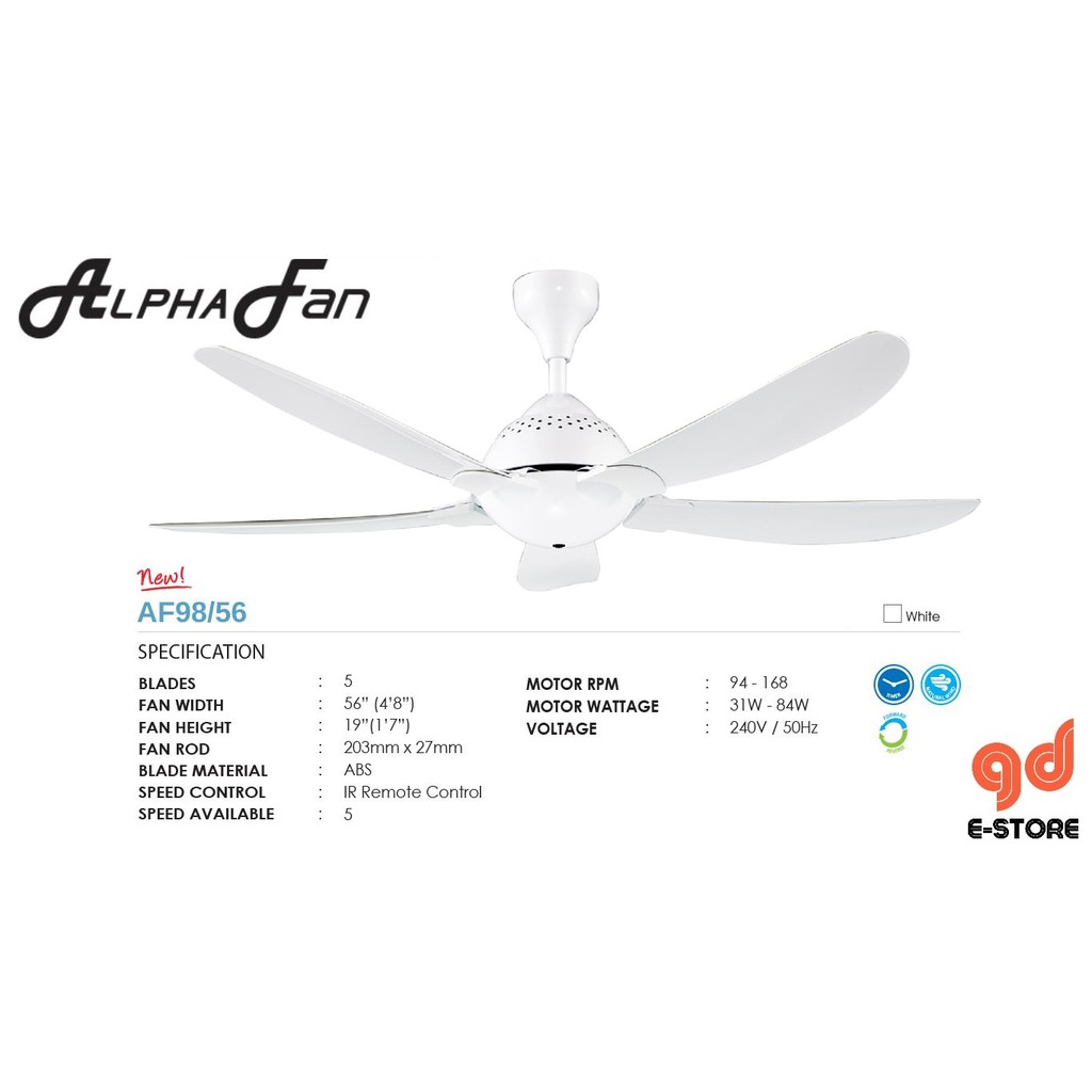 Alpha Af98 56 Ceiling Fan With 5 Blades 5 Speed Remote White