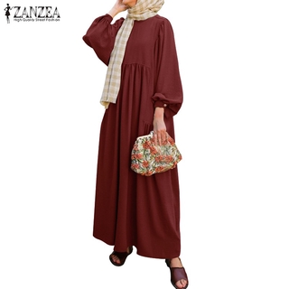 ZANZEA Women Long Puff Sleeve Solid Color Casual Plus Size Muslim Long Dress