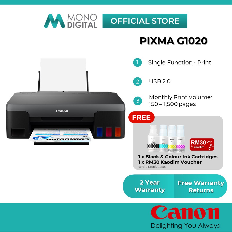 Canon Pixma G1020 Single Function Refillable Ink Tank Printer for High Volume Printing [Free RM30 Kaodim Voucher]