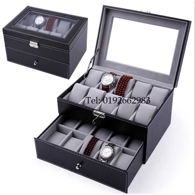 20 Slot Grid PU Leather Watch Display Box Jewellery Storage Organizer Case