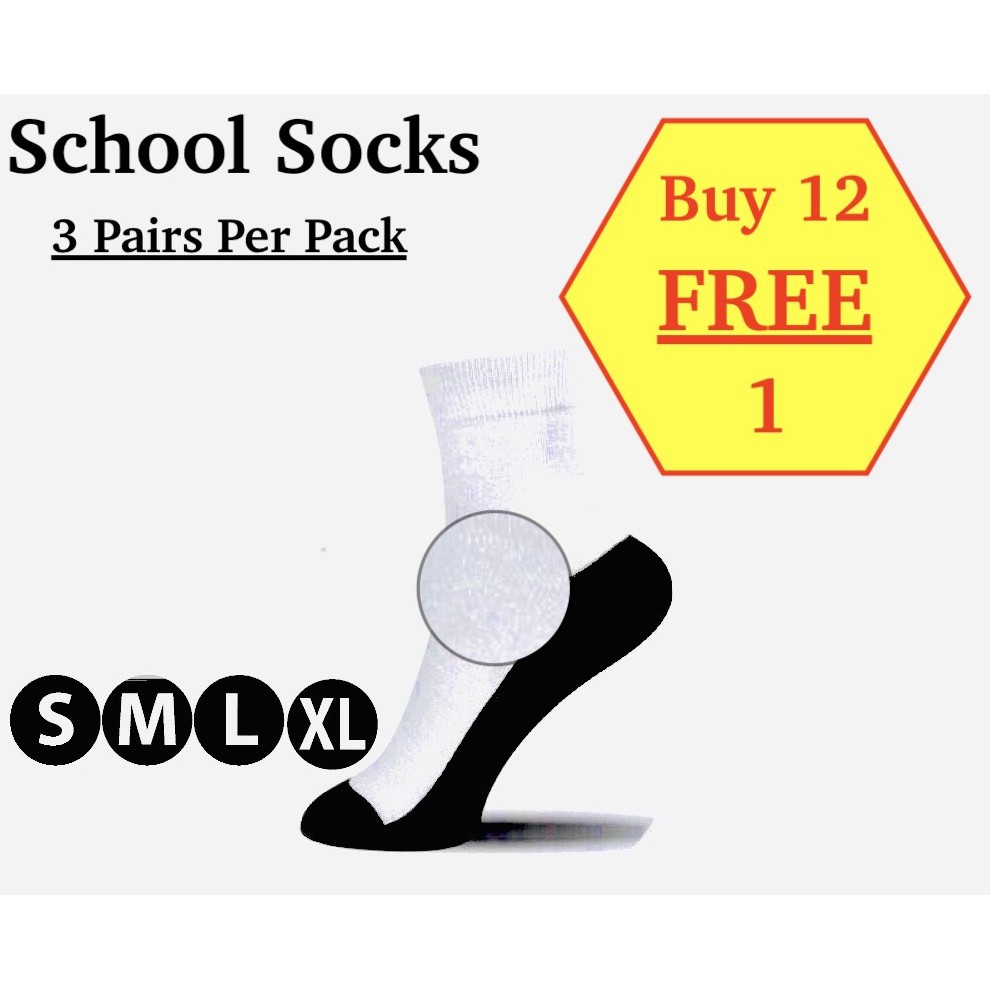 Student Socks Standard Length Polyester White And Black 3 pairs / pack (Buy 12 Free 1)