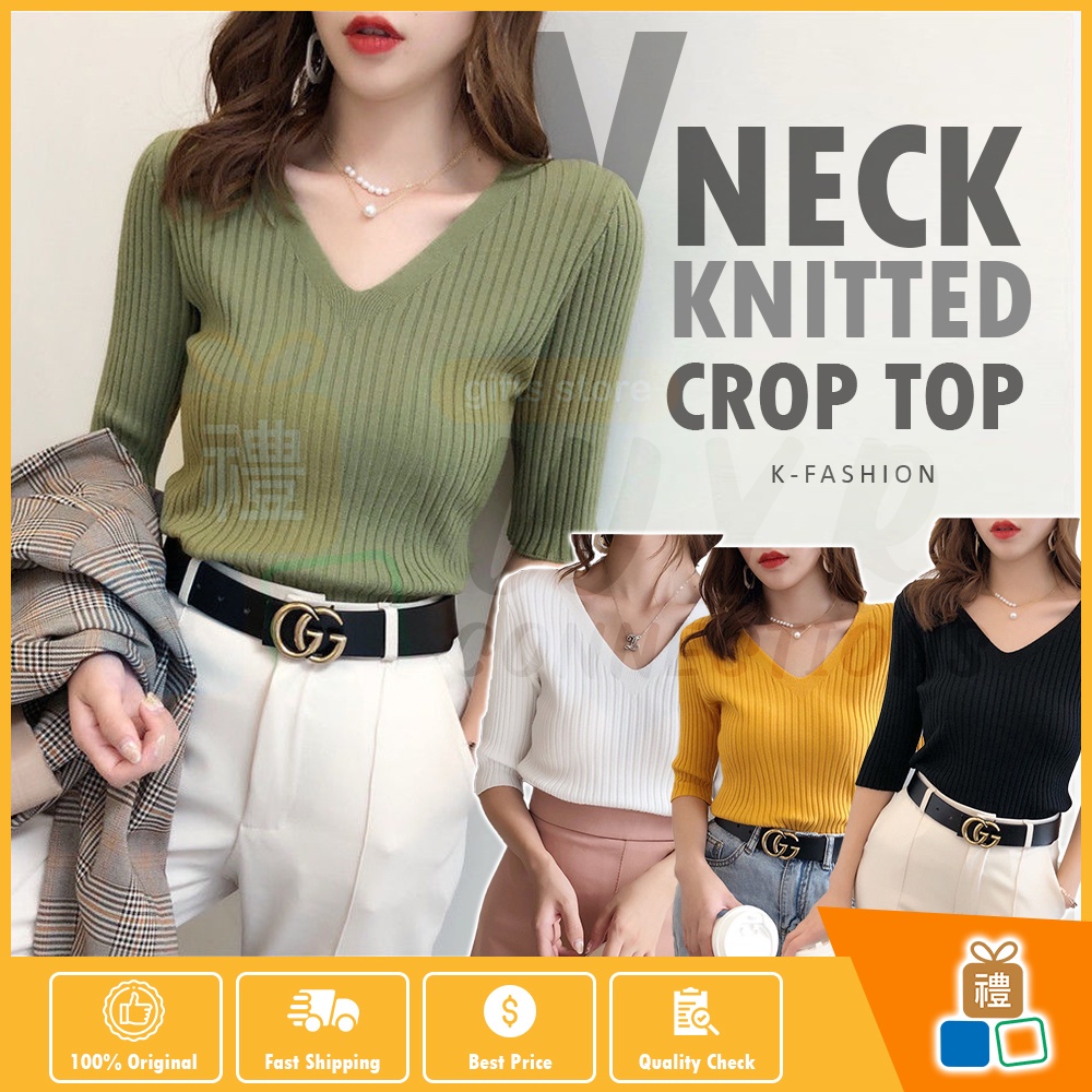 WYRV-neck Thread Knitted Casual Crop Slim Fit Half Sleeve Top Medium Sleeve Shirt Sweater