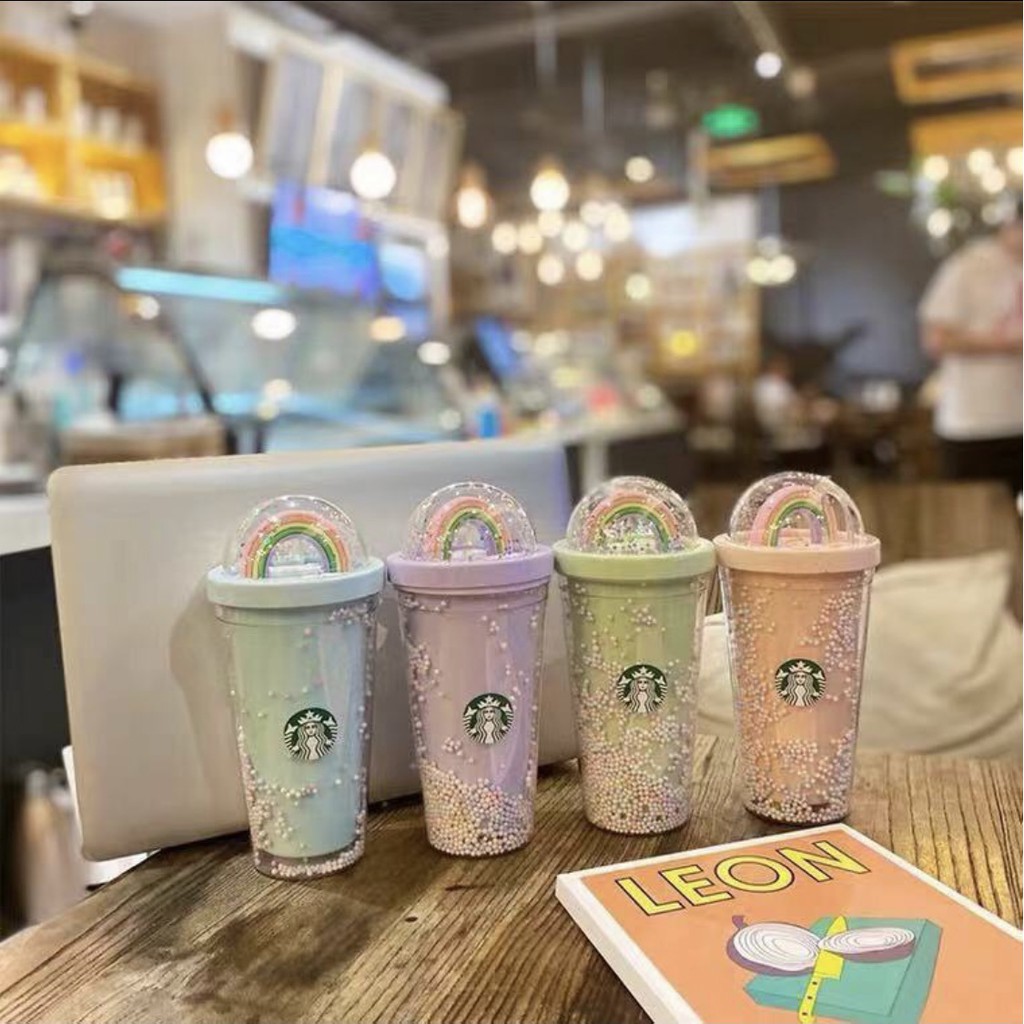 Starbucks Rainbow BeadsStar Cold Cup Tumbler Double Layer Plastic Coffee Mug Tumbler with Straw 550ml