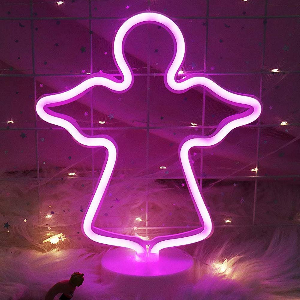 Angel Cute Led Neon Light Sign With Holder Pink Table Lamps For Baby Room Decor