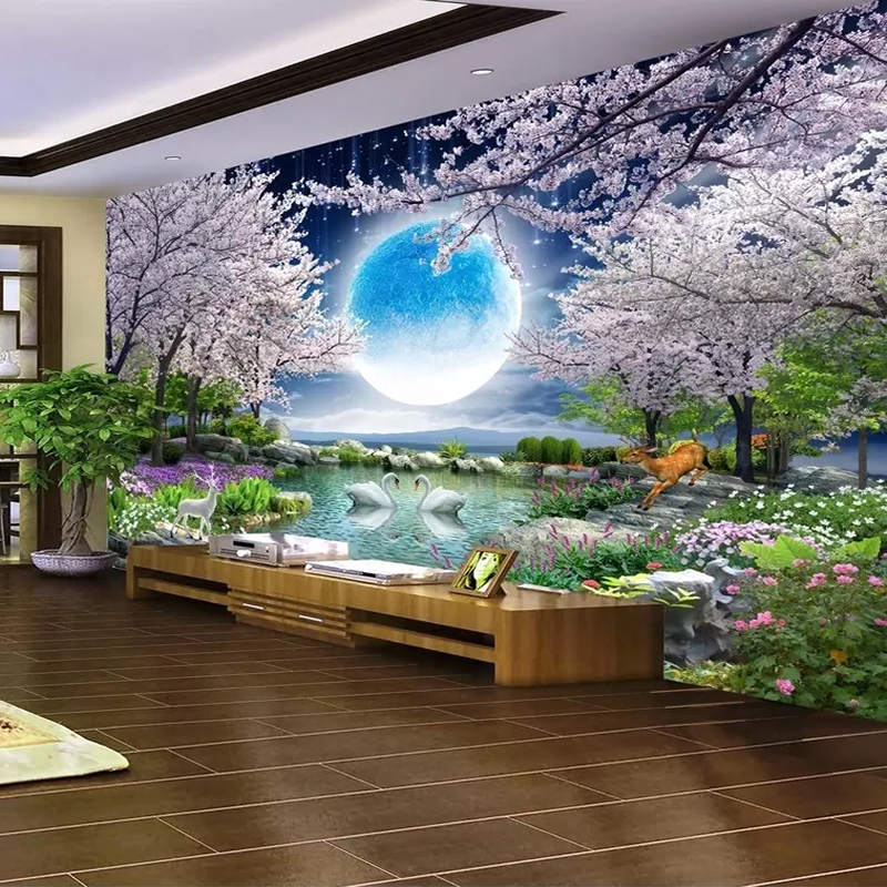 Custom Mural Wall Paper Moon Cherry Blossom Tree Nature Landscape Wall  Painting Living Room Bedroom Photo Wallpaper Home Decor | Shopee Malaysia
