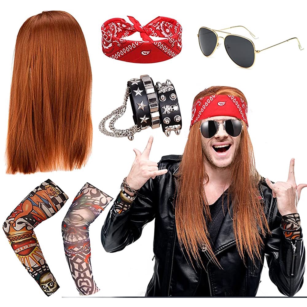 APERIL Rockstar Costume 80's Heavy Metal Nightclub Clothing Rock Fantasy Costume Wig Top Hat Sunglasses Cross Necklace