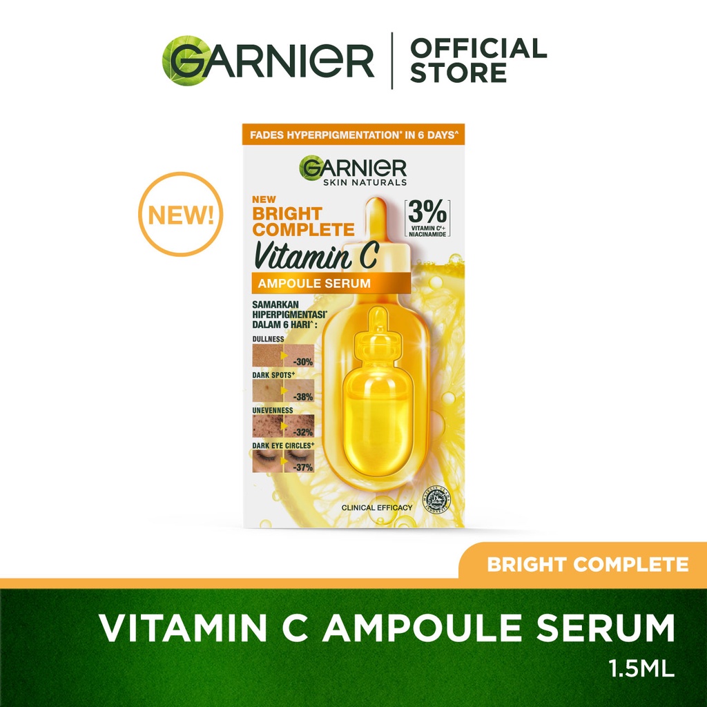 [ NEW ] GARNIER Bright Complete Ampoule Serum (Single/3 Units) – 3% Vitamin C & Niacinamide – Kurangkan Jeragat