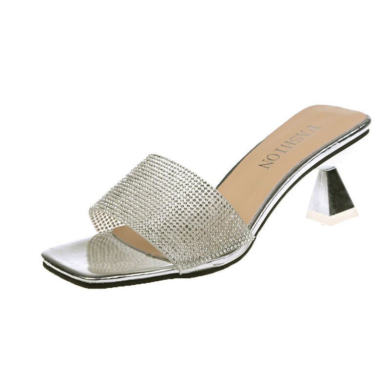 Medium Heel Fashion Fairy Feng Rhinestone One Word With Chunky Heel High Heel Ladies High Heels High Heels Ladies Shoes High Heels Plus Size Shoes Sandals