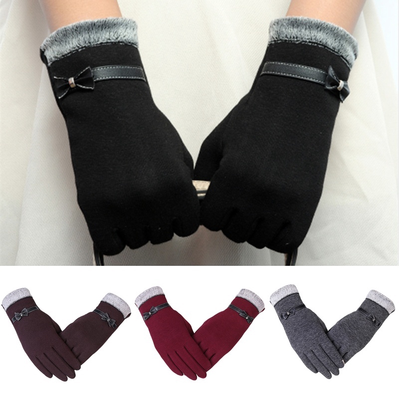 Winter Women Gloves Smart Phone Touch Screen Gloves Warm Vogue Solid Knitted Full Finger Gloves Mittens with Bow