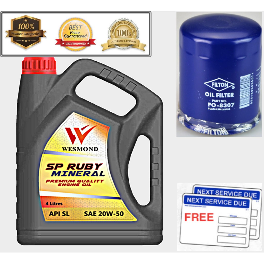 (FREE PROTON Oil Filter + Mileage Sticker) WESMOND - SP RUBY 20W-50 SL/CF Engine Oil 4L