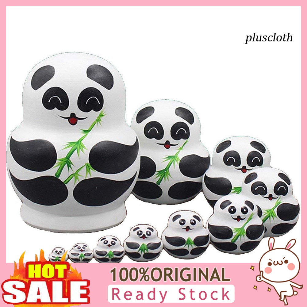 Plu_10Pcs/Set Wooden Panda Animal Russian Nesting Dolls Toy Handmade Craft Kids Gift