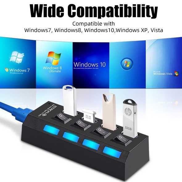 [Local Seller]4-in-1 USB Hub Adapter High Speed USB 3.0/2.0 Hub Splitter 4 Port Data Hub with LED Lights for Lapt
