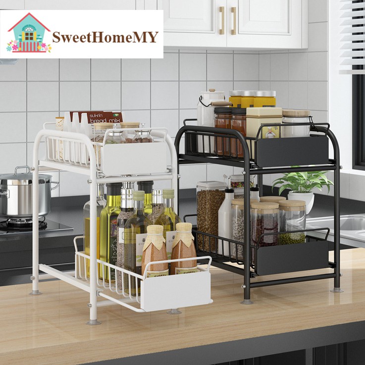 XL Size  KR042 2 Tier Sliding Cabinet Basket Pull Out Organizer Drawer Ideal Countertop Pantry Under The Sink Desktop I.1596552