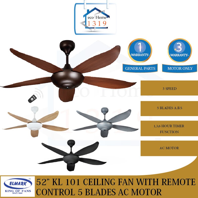 [ 52" ] Elmark KL 101 KL101 Ceiling Fan With Remote Control 5 Blades Ac