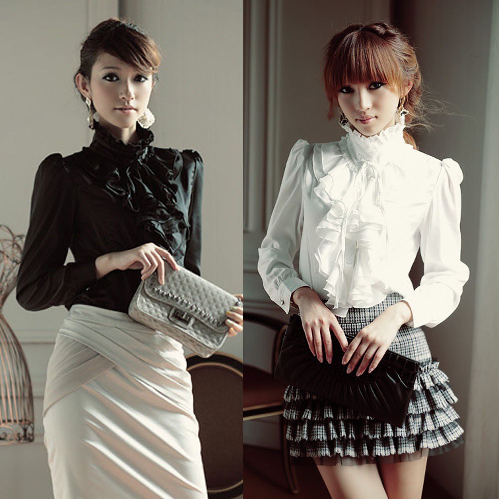 Women Chiffon Victorian Shirt Blouse Tops High Neck Frill Lantern Sleeve Vi...